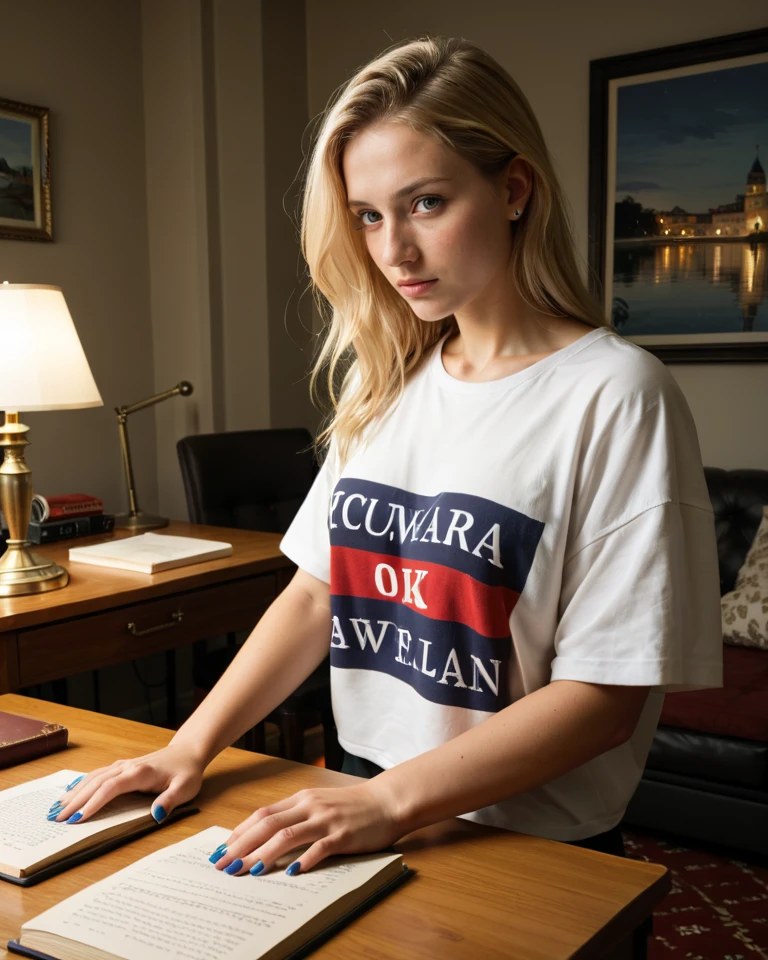 Alicja in panties, warsaw student bedroom evening, warm desk lamp, lifestyle